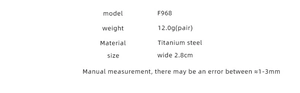 Detailed specs for titanium steel hoop earrings including model F968, 12g weight and 2.8cm width