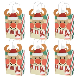 Set of six Christmas kraft paper gift bags featuring festive cartoon reindeer designs