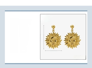 Detail view of gold sun face earrings with dimensions 42x30mm and 12.3g weight