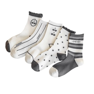 Lot de 5 paires de chaussettes en coton pour femme avec motifs cerises, rayures et pois