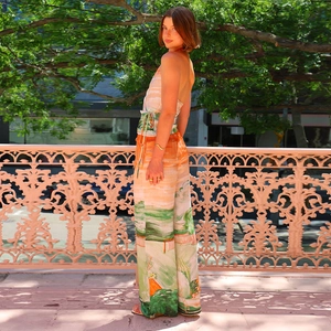 Women's two-piece floral set with halter V-neck top and high-waist wide-leg pants