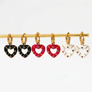 Boucles D'oreilles Créoles Cœur Acier Inoxydable Émail Goutte D'huile Zircon Coloré Pendentif Creux Bijoux Boho Vintage Pour Femmes