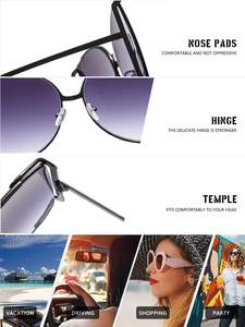 Detail view of square oversized sunglasses with purple gradient lenses and metal hinges