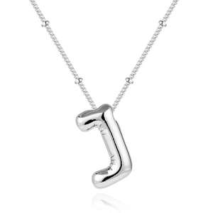 Detailed view of silver balloon letter J pendant on a bead chain necklace