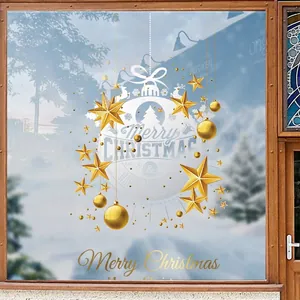 Golden Christmas window static stickers with reindeer motifs and festive hanging stars