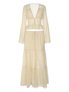 Bohemian beige chiffon two-piece set with lace trim V-neck top and tiered ruffle maxi skirt