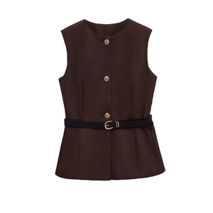 Brown sleeveless vest with gold buttons and black leather belt on white background