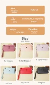 Detailed specs showing PU leather wallet in six colors with multi-card slots and coin pocket