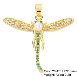 Detail view of golden dragonfly pendant with pearls and green stones, 28.4x31.2mm size