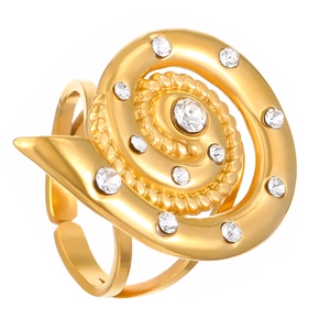 Macro view of golden spiral ring with sparkling crystal stones and open adjustable band