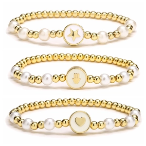 Pulsera de Cuentas de Cobre Chapado en Oro Para Mujer Perla Artificial Esmalte Corazón Estrella Hamsa Alfabeto Joyería Elástica