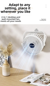 Close-up of portable white desktop fan with foldable stand and wall-mount function