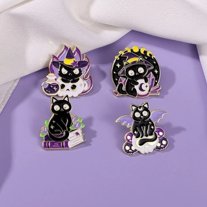 Magic Cat Enamel Pin Set Punk Gothic Black Cat Skull Magic Book Witch Hat Alloy Brooch Badge For Clothing Bag Halloween Jewelry