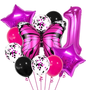 Detail of 1st birthday balloon set with magenta butterfly and black star balloons