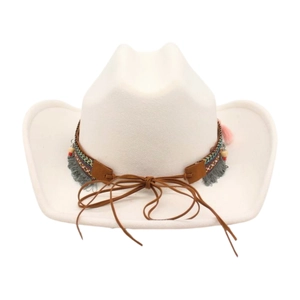 Close-up of ethnic beaded band with colorful tassels on a white felt cowboy hat