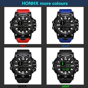 Collection de montres de sport numériques en rouge, bleu et noir avec bracelet silicone