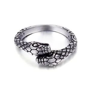 Vintage Serpent Ring Stainless Steel Textured Punk Gothic Animal Biker Band Jewelry For Men Women Wrap Style