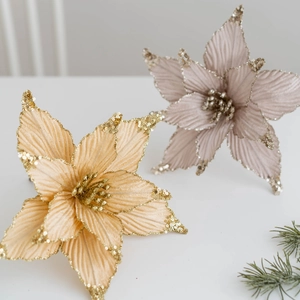 Artificial Poinsettia Christmas Flower With Sequin Glitter Edge For Tree Wreath Garland Decoration Festive Party Decor