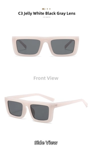 Front and side view of square frame sunglasses in jelly white with grey lenses