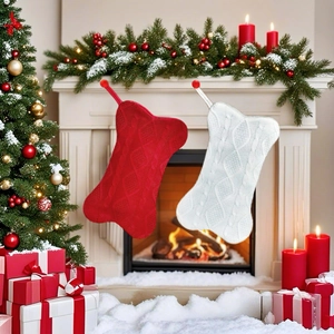 Christmas Stocking Dog Bone Shape Cable Knit Xmas Tree Hanging Decor Gift Bag For Pet Home Holiday Ornament