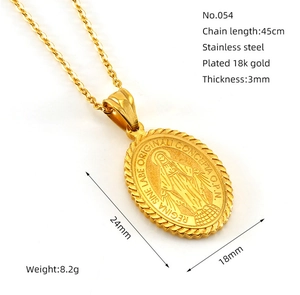 Detail showing 18K gold-plated oval Miraculous Medal pendant with dimensions and specs