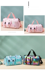 Detail of multi-color holographic gym bags with waterproof fabric and dual buckle straps