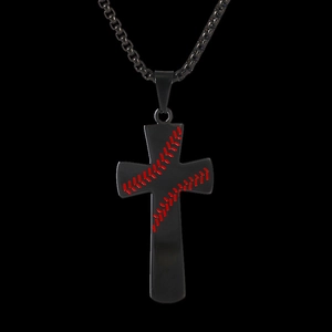 Detail of black stainless steel cross pendant featuring red baseball stitch patterns