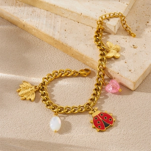 Gold-plated stainless steel charm bracelet featuring bee, butterfly and ladybug pendants