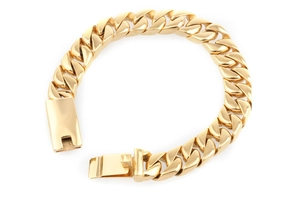 Classic golden stainless steel Cuban link bracelet with square clasp for men