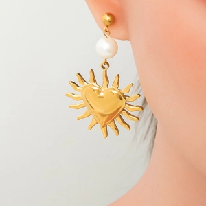 Stainless Steel Heart Sun Dangle Earrings 18K Gold Plated Faux Artificial Pearl Retro Bohemia Waterproof Hypoallergenic For Women