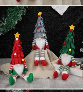 Three Christmas gnomes with long legs and tree-shaped hats on a festive background