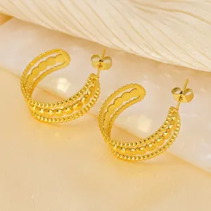 Three-layer beaded C-shape gold earrings in 18K plated stainless steel minimalist style