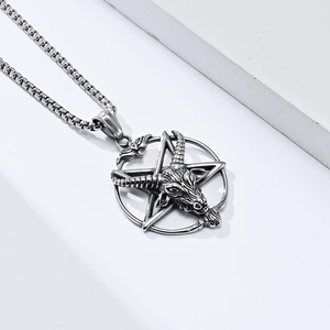 Vintage stainless steel necklace with Baphomet goat head pentagram pendant on box chain