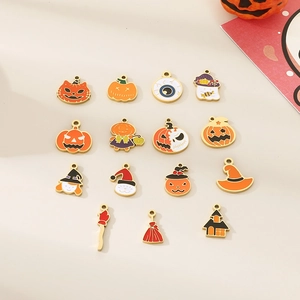 Detailed set of 15 Halloween enamel pendants featuring pumpkin and ghost metal designs