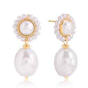 Baroque pearl drop earrings in stainless steel with elegant gold floral sunburst studs