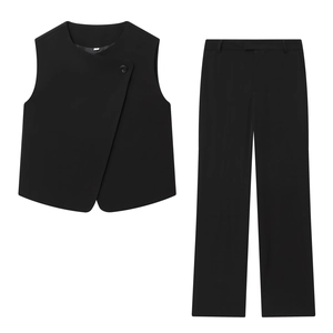 Women Asymmetric Button Waistcoat And Straight Leg Pants Solid Color Polyester Streetwear Business Casual Outfit