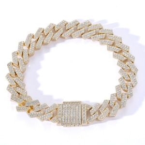 18K gold plated 12mm Cuban link bracelet with double row cubic zirconia diamonds