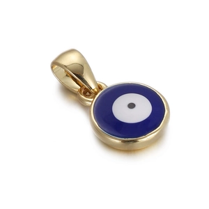 Close-up of gold-plated Evil Eye pendant with blue and white enamel detailing