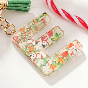Christmas Letter E Resin Keychain with Snowman, Green Tassel and Gold Metal Ring