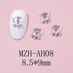 Detailed view of silver crown nail charms with purple marquise zircon, size 8.5x9mm