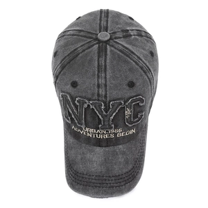 Retro washed dark grey baseball cap with NYC embroidery and classic curved brim style