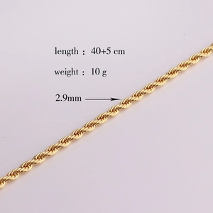 Macro shot of 2.9mm gold plated copper twist chain with length and weight details