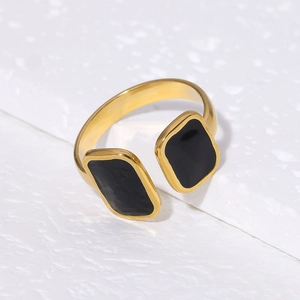 Macro detail of 18K gold plated steel ring with dual black enamel geometric rectangles