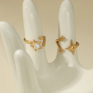 Star pearl gold open ring set for women with minimalist stainless steel design