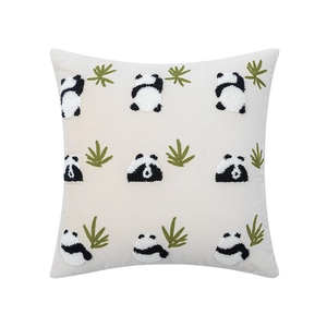 Velvet square throw pillow cover with cute embroidered panda and green bamboo leaves motif