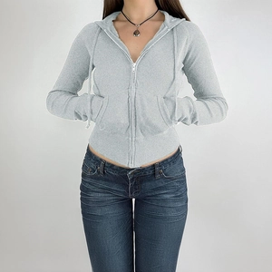 Short slim fit light grey knitted zip-up hoodie for women with hood and front pockets