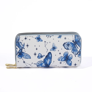 Minimalist white wallet with blue butterfly pattern and double zipper closure