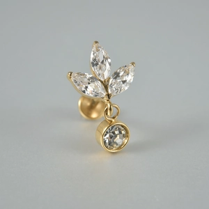 Labret en titane F136 doré avec motif feuille en zircon marquise et pendentif rond