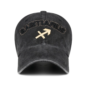 Vintage black washed cotton baseball cap with Sagittarius golden embroidery on the front