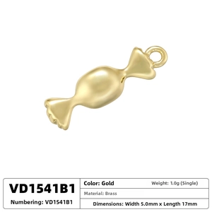 Detailed view of a gold-plated brass candy charm with precise 17mm by 5mm dimensions
